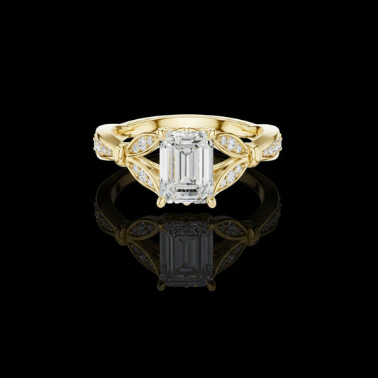 1.5 CT Vintage Inspired Emerald Cut Moissanite Diamond Ring in with Intricate Leaf-Motif Band