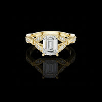 2.00 CT Vintage Inspired Emerald Cut Moissanite Diamond Ring in with Intricate Leaf-Motif Band