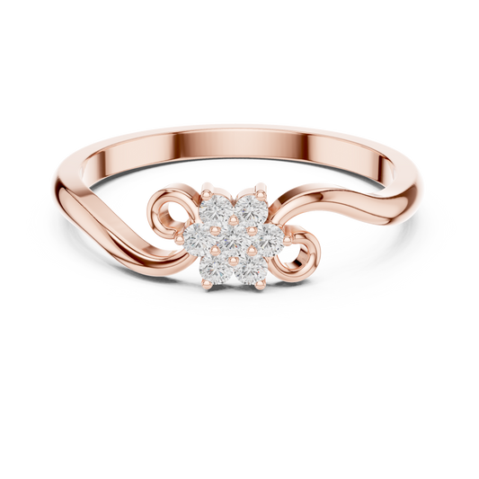 0.11 TCW Delicate Romantic Gold Floral Moissanite Diamond Cluster Ring with Elegant Swirl Band Design