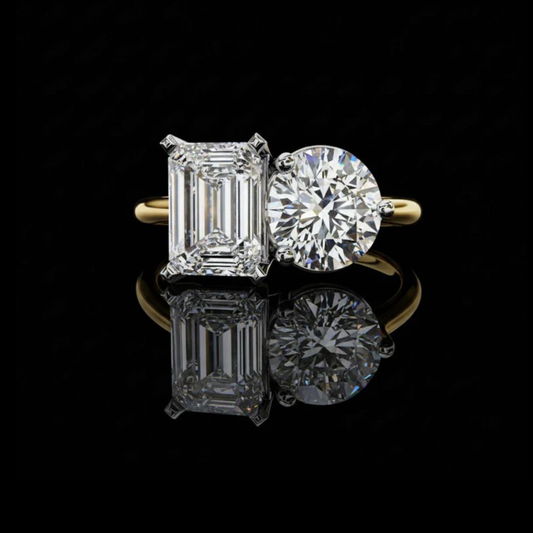 2.40 CT Contemporary Round & Emerald Lab Grown Diamond Sleek Gold Wedding Ring