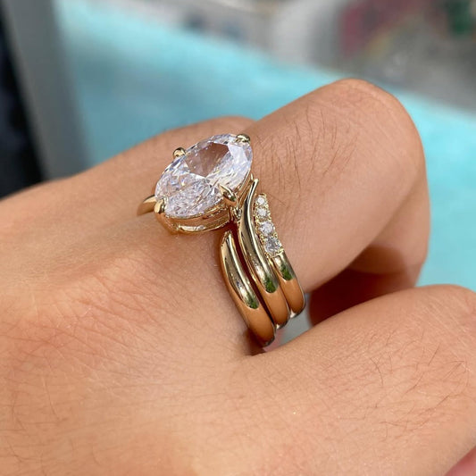 Oval Cut Moissanite Curve Three Band Bridal Ring Set - view 2