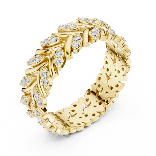 Round Cut Lab Diamond Laurel Leaf Eternity Wedding Band Ring - view 3