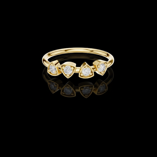 0.14 TCW Unique Four Stone Trillion Shape Bezel with Lab Grown Round Diamond Ring in Polished Gold