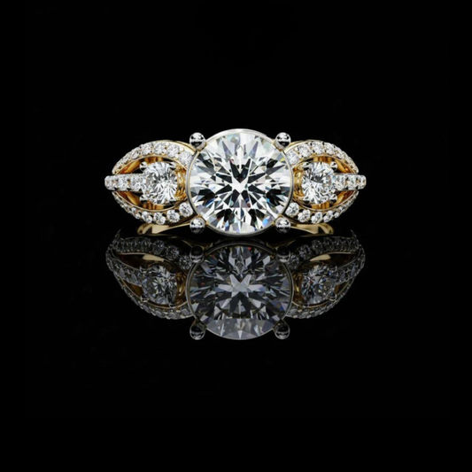 2.00 CT Tri-Stone Moissanite Grown Round Cut Diamond Ring with Gold and Pave Accents