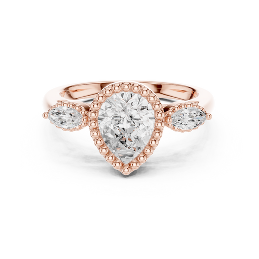 1.32 CT Vintage Inspired Pear Cut Three Stone Lab Diamond Ring in Textured Gold Halo For Her