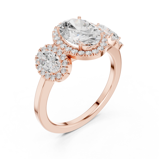 Oval Cut Three Stone Halo Diamond Lab Diamond Engagement Ring - view 3