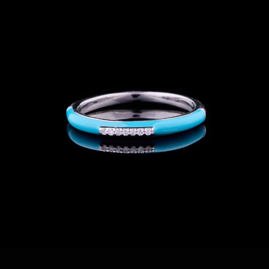0.30 TCW Turquoise Enamel Slim White Gold Band with Pave Moissanite Diamond Center Detailing