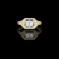 3.00 TCW Gleaming Twin Emerald Cut Moissanite Diamond Ring with Geometric Pave Halo Setting