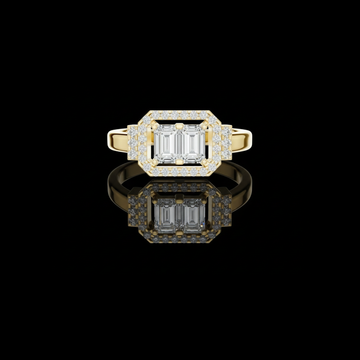 3.00 TCW Gleaming Twin Emerald Cut Moissanite Diamond Ring with Geometric Pave Halo Setting