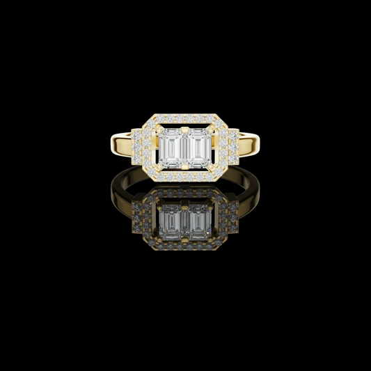 0.76 TCW Gleaming Twin Emerald Cut Moissanite Diamond Ring with Geometric Pave Halo Setting