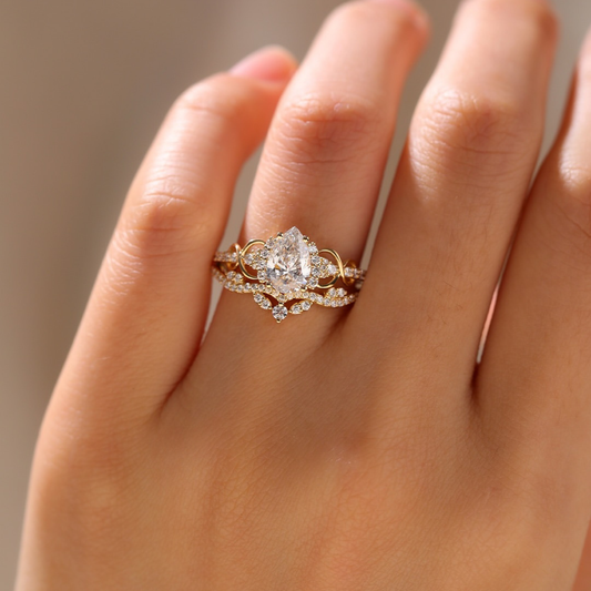 2.00 CT Teardrop Pear Shaped Ring Set with Halo Accents & Twisted Lab Diamond Wedding Band