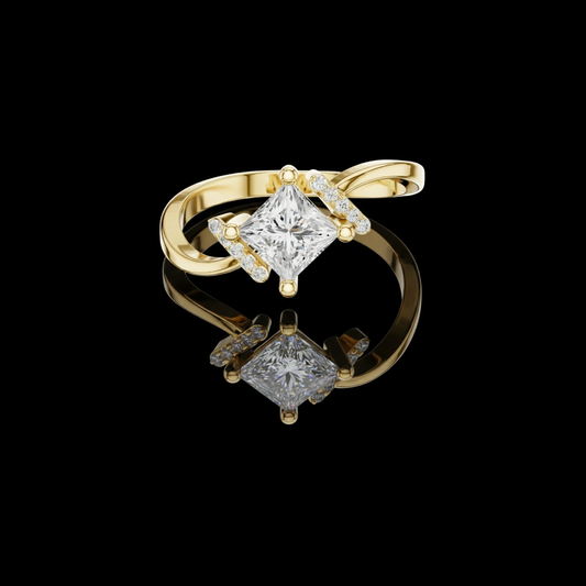 0.68 CT Elegant Gold Twisted Band Ring with a Princess Lab Grown Diamond and Pave Accent Details