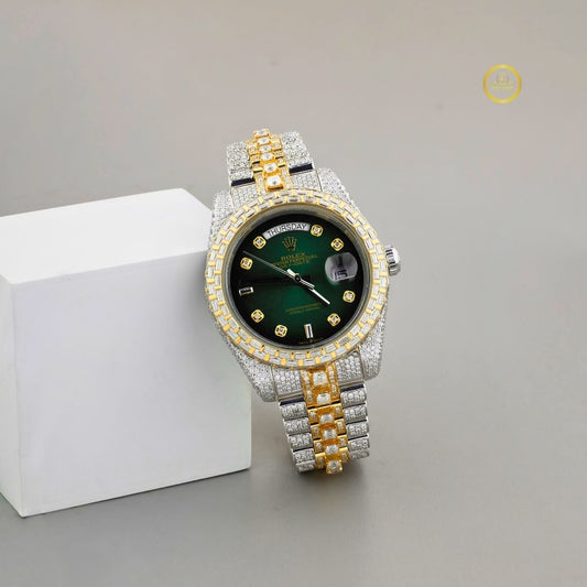 Prestige Emerald Green Dial Moissanite Diamond-Studded Two-Tone Gold and Silver Luxury Watch with Baguette Bezel and Date Display