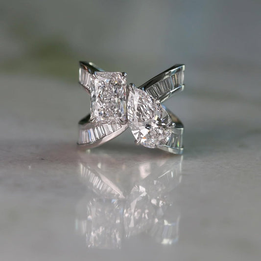 1.45 CT Modern Lab Grown Double Diamond With Radiant and Pear Cut Statement Ring