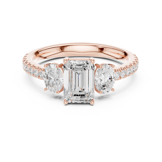 Emerald Cut Lab Diamond Ring with Oval Side Stones & Pave Band - view 2