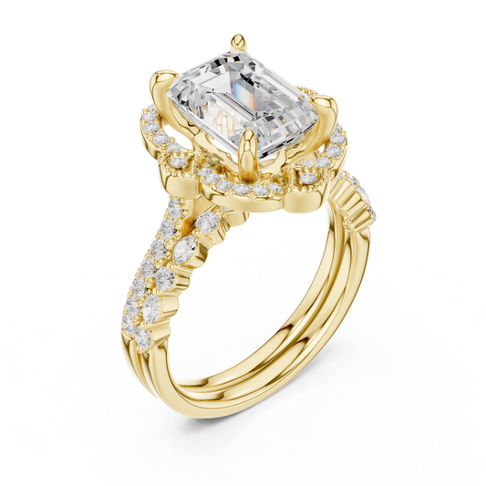 Vintage Inspired Emerald Cut Lab Diamond Ring Scalloped Halo - view 3
