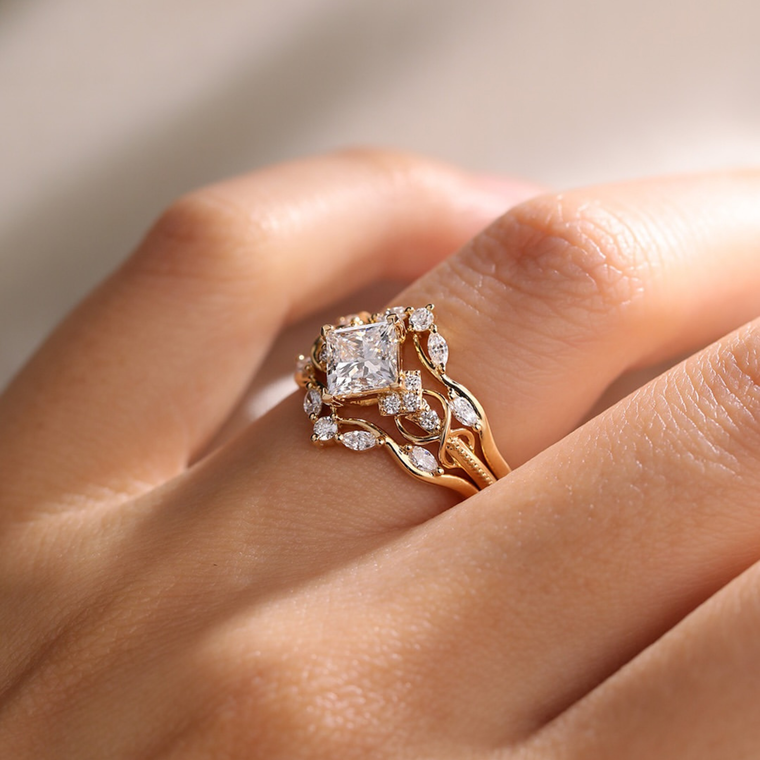 Princess Cut Lab Diamond Vine Engagement Ring with Leaf Accents - view 2