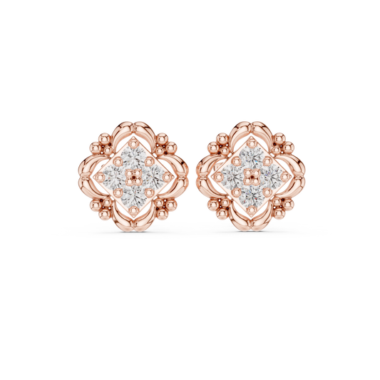 0.52 TCW Ornate Moissanite Diamond Stud Earrings in Sculpted Gold with Floral Beaded Frame