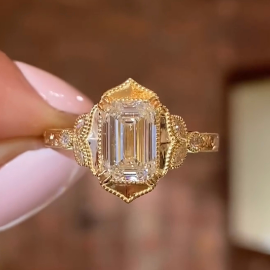 1.60 CT Elegant Emerald Cut Moissanite Diamond Ring with Vintage Inspired Milgrain Detailing