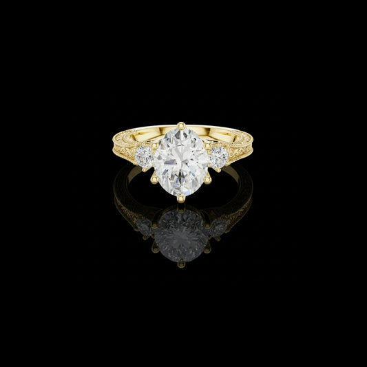 2.50 CT Glamour Vintage Oval Cut Lab Diamond Ring with Round Side Stones Engraved in Gold