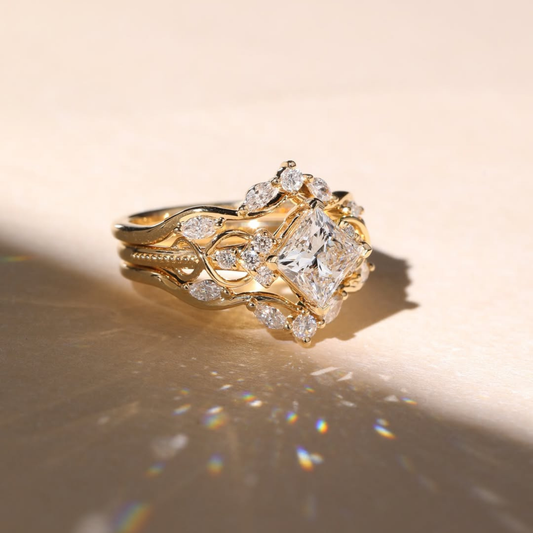 Princess Cut Moissanite Vine Engagement Ring with Leaf Accents - view 3