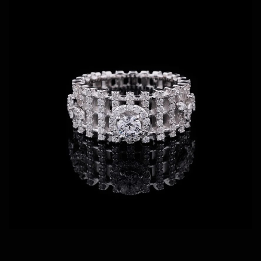 2.00 CT Luxury Full Diamond Eternity Ring with Prominent Round Cut Lab Diamond Centerpiece and Artisanal Geometric Detailing