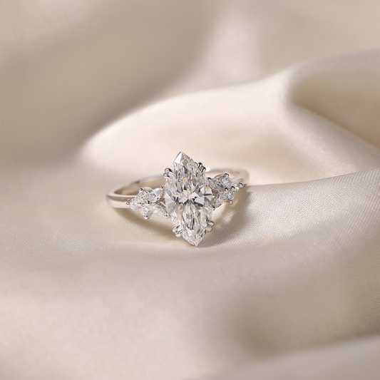 2.00 CT Elegant Marquise Moissanite Diamond Ring with Round Side Accents in Polished Gold