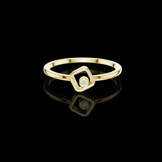 0.01 TCW Minimalist Gold Geometric Moissanite Diamond Round Ring with Modern Open-Square Design