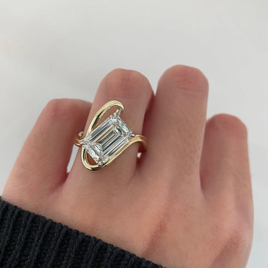 2.00 CT Sculptural Emerald Cut Moissanite Diamond Ring Wrap Around Gold Setting For Your Girl