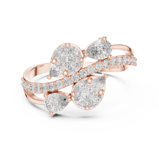 0.30 TCW Light-Catching Overlapping Pear Cut Lab Diamond Ring with Dual Pave Bands in Radiant Gold