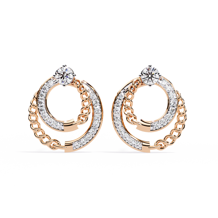 Double Circle Round Stud Earrings with Pavé Chain Detail - view 2
