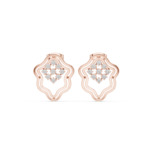 0.36 TCW Floating Grid Design Scalloped Frame Moissanite Round Diamond Cluster Stud Earrings Gold