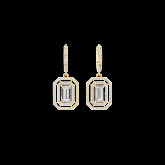 0.80 CT Glamour Baguette Cut Moissanite Diamond Halo Drop Earring in Polished Gold with Pave Hoop Accents