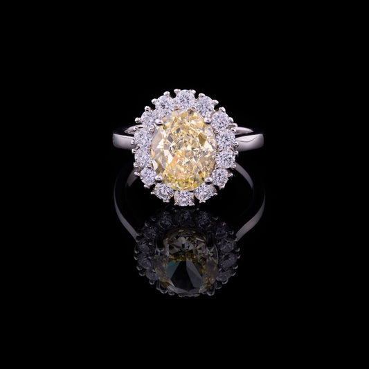 1.50 CT Magnificent Oval Fancy Yellow Moissanite Diamond Halo Ring Surrounded by Brilliant Round Diamonds