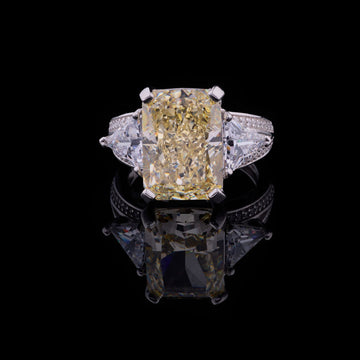 4.00 CT Dazzling Radiant Cut Fancy Intense Yellow Moissanite Diamond Ring with Trillion Cut Side Diamonds