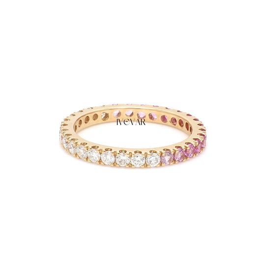 Ivevar Pink sapphire ombre eternity band ring with diamond in 14k 18k gold | Natural 2mm half pink sapphire half diamond stackable shaded ring gold