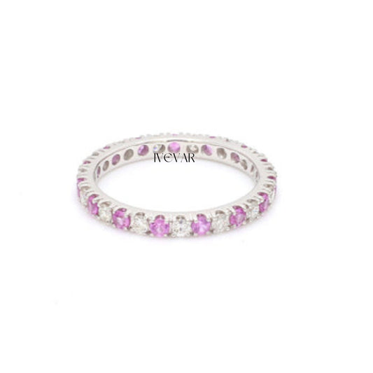 Ivevar Real pink sapphire and diamond eternity band ring solid 14K gold | Natural 2.00MM 1.20 ct pink sapphire diamond ring | Sapphire wedding band